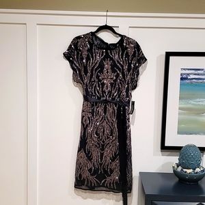 NWT, R&M Richards, Size 10, Navy with Pewter Sequins, Ribbon Sash, A-Line Dress